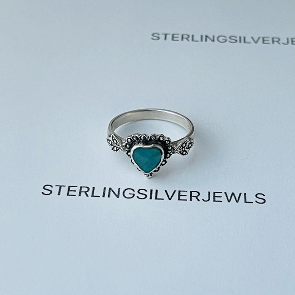 Sterling Silver Victorian Heart Synthetic Turquoise Ring, Love Silver Rings - Picture 3 of 13